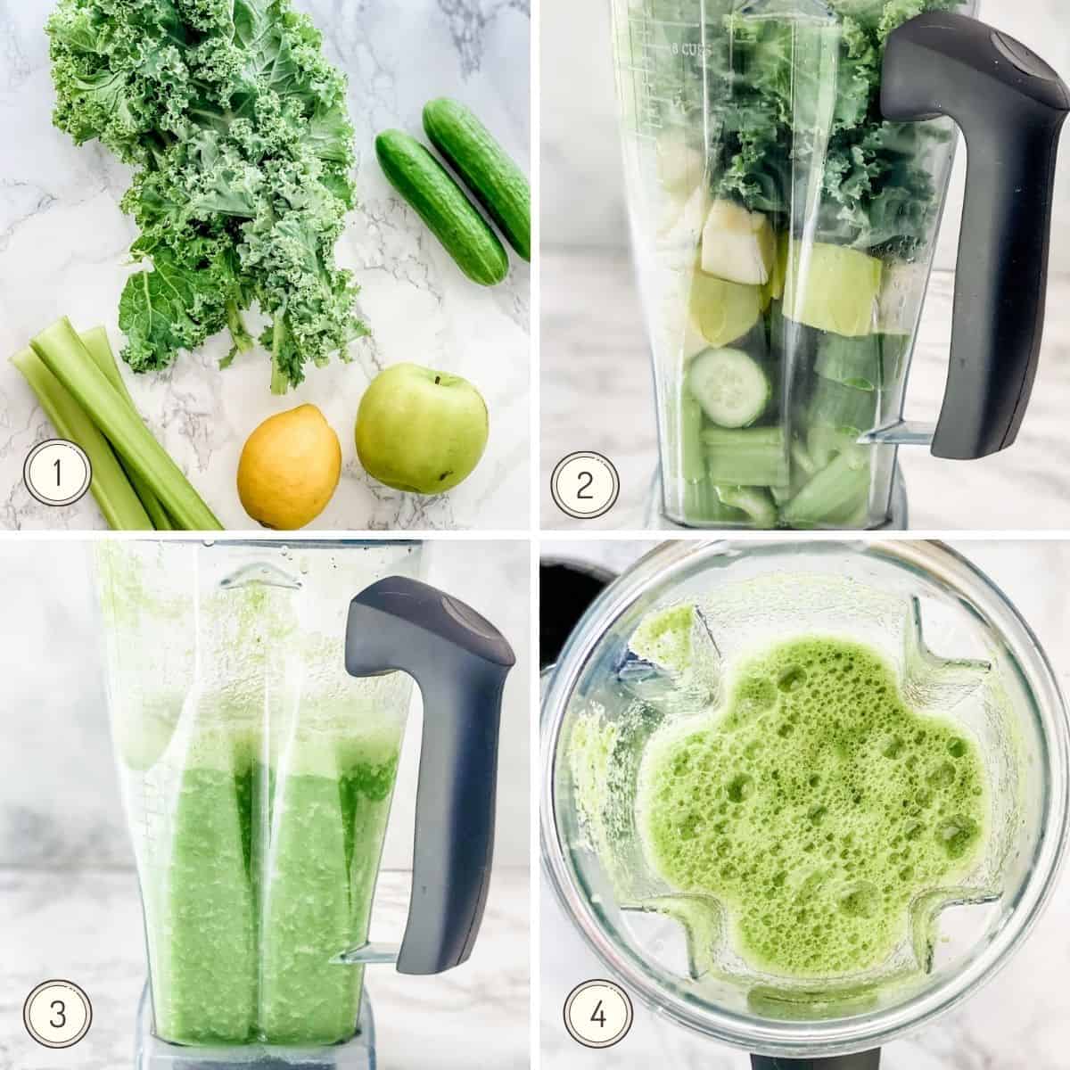 step by step collage showing how to make green juice in a blender