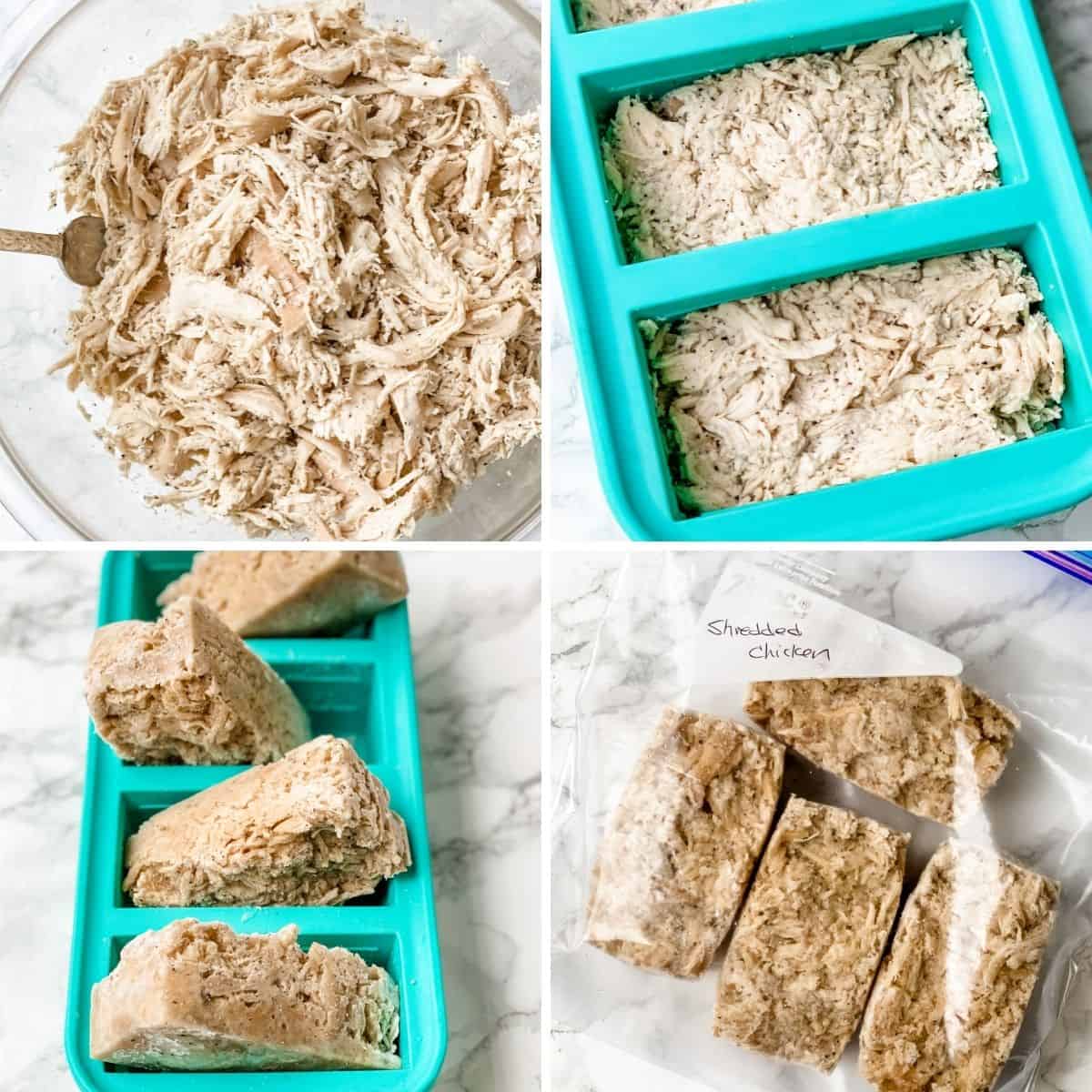 how to freeze shredded chicken ahead of time for recipes. a step by step collage.