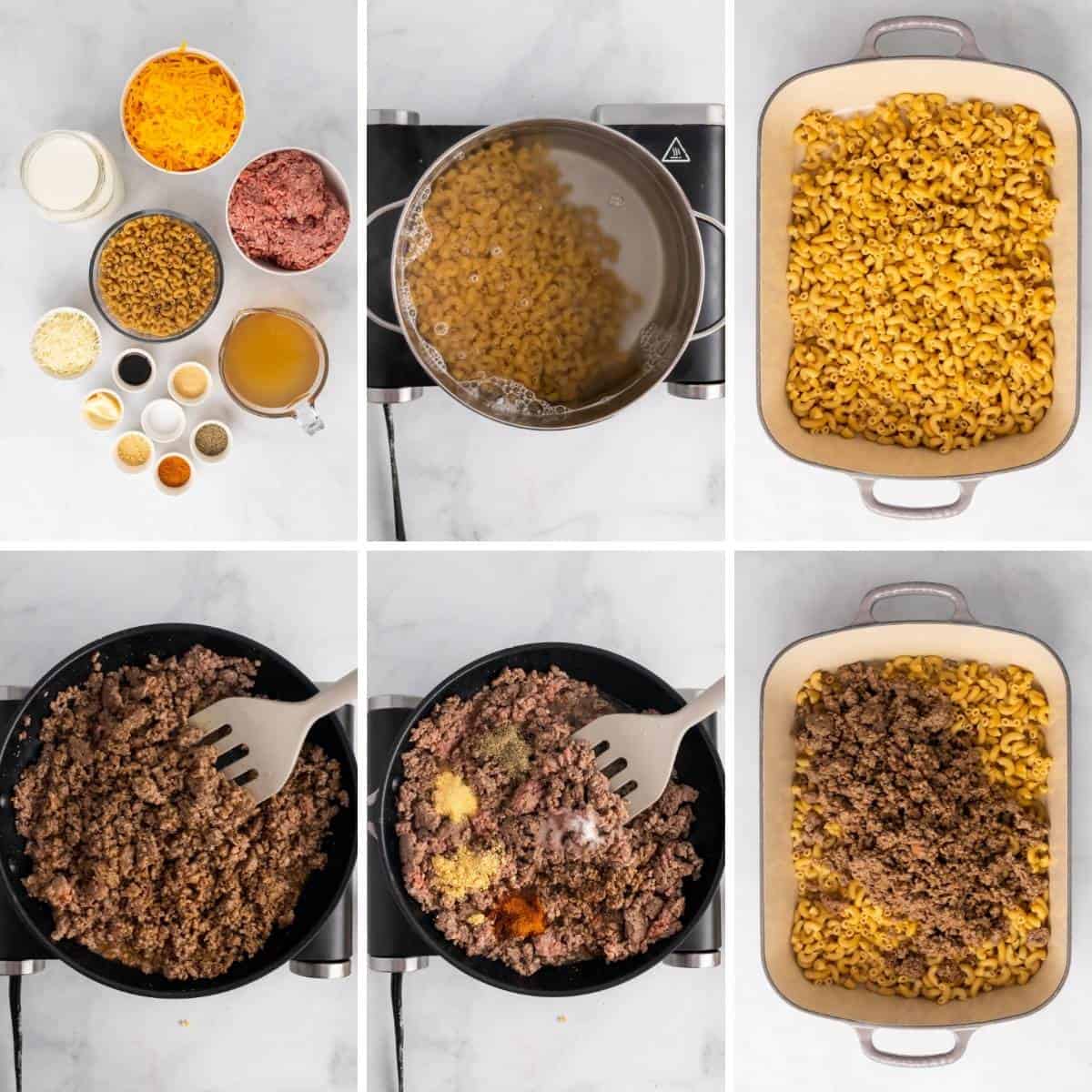 step by step collage showing how to make cheeseburger macaroni bake