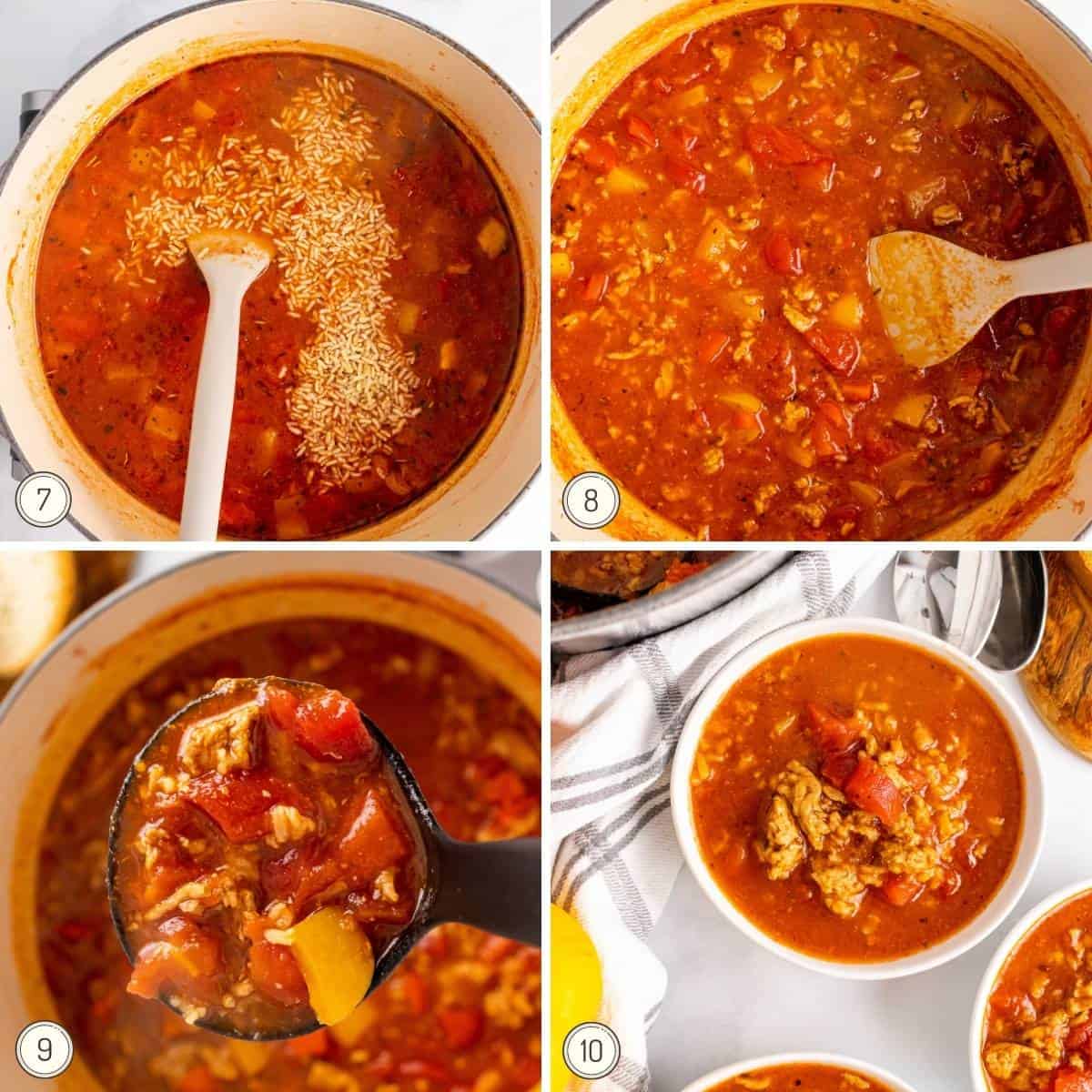 the last steps in a collage showing how to make stuffed pepper soup