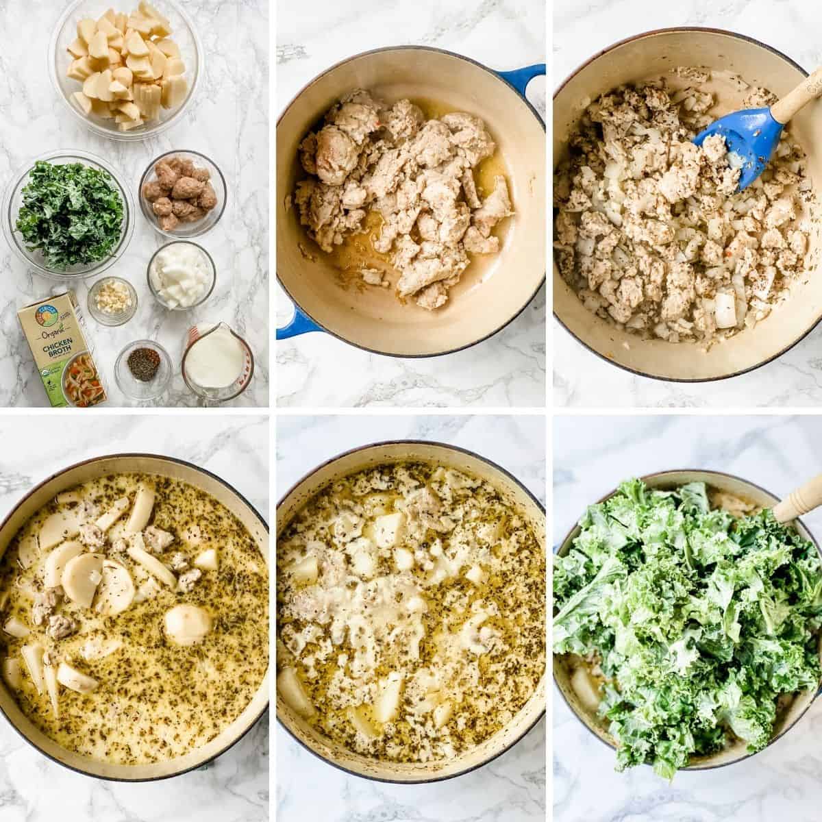The step-by-step collage shows how to make Zuppa Toscana.