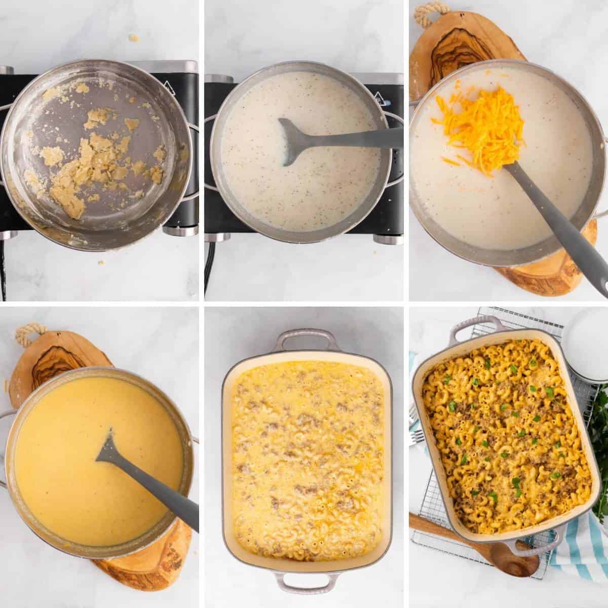 a second collage showing the last 6 steps to making this hamburger casserole bake.