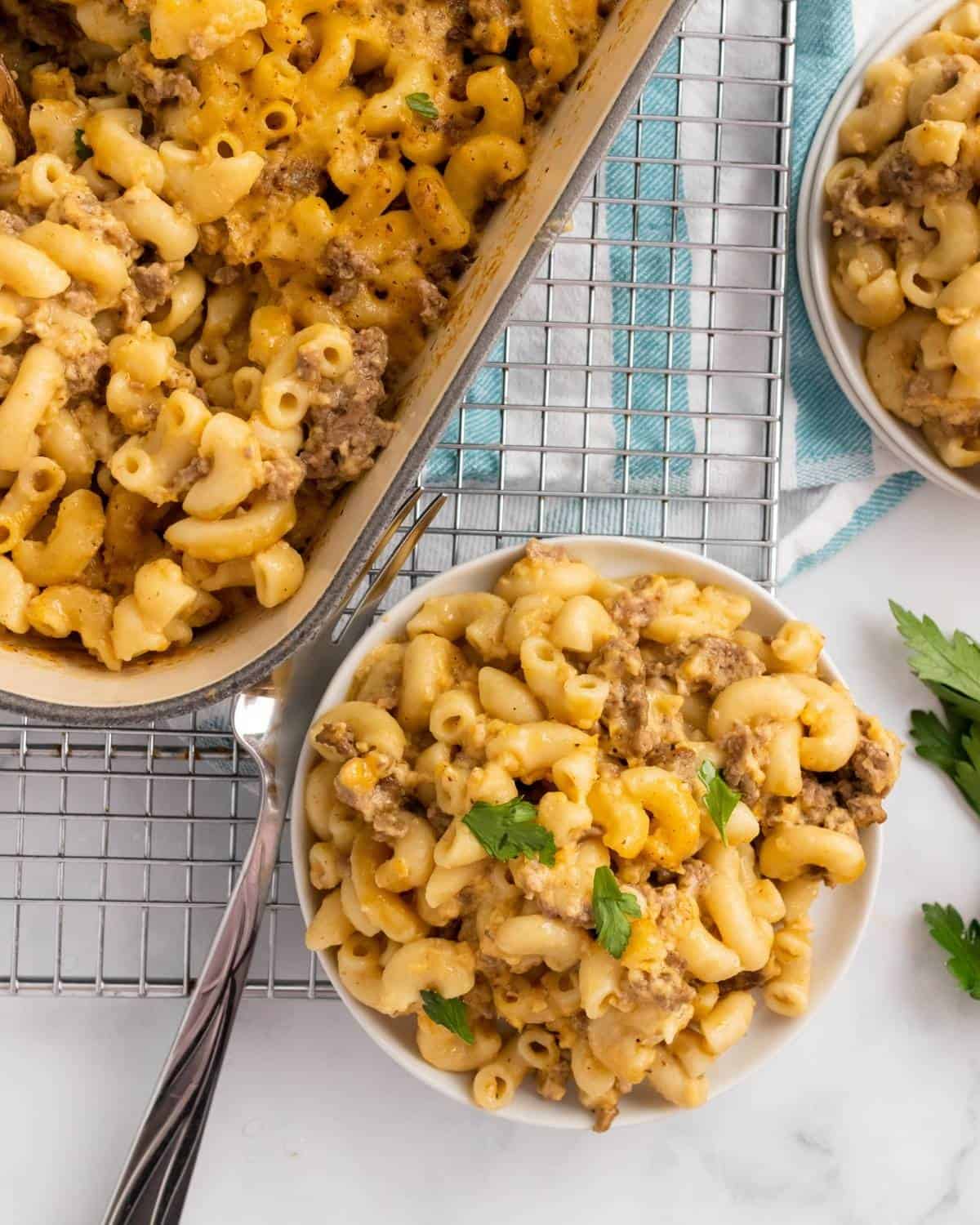 a bowl of creamy hamburger casserole 