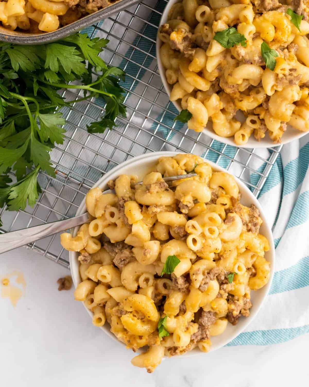 Overhead picture of two bowls of cheeseburger macaroni