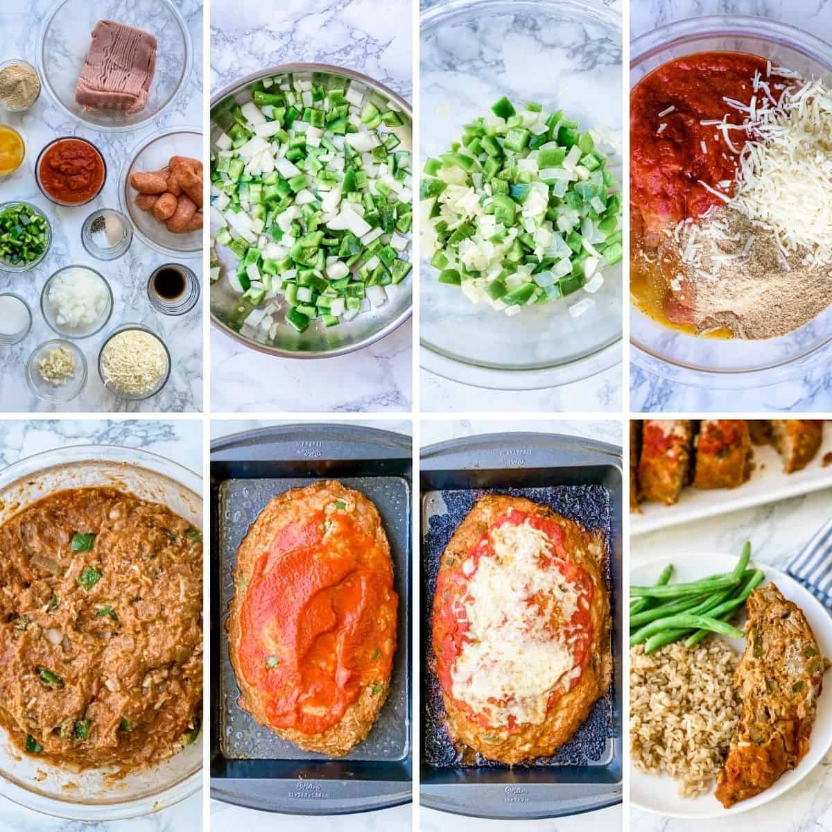 step by step collage showing how to make a sausage meatloaf with peppers and onions.