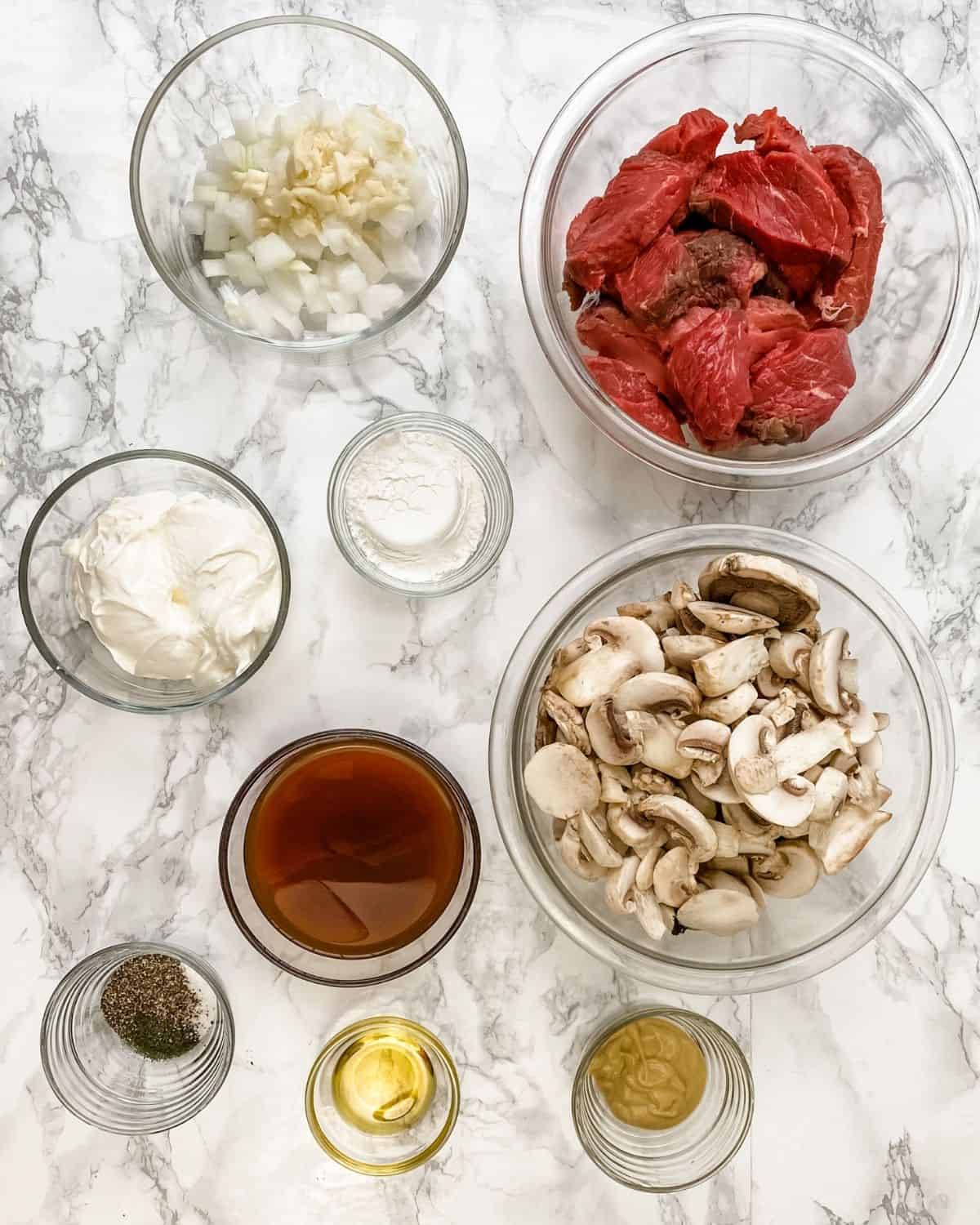 ingredients to make beef stroganoff in the crockpot.