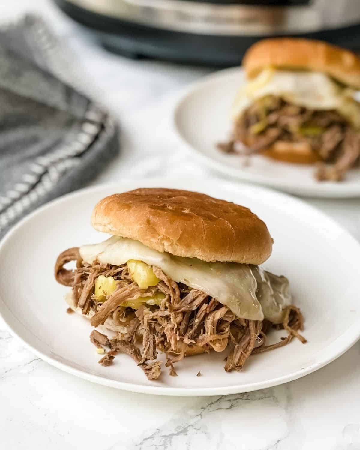 Juicy shredded Italian beef on a crusty buttery bun with melted provolone cheese.