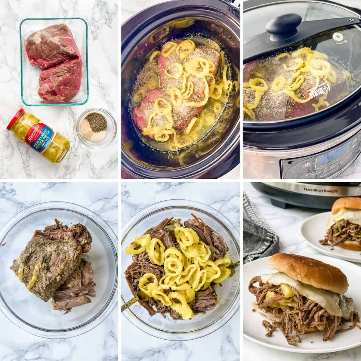 steeply step collage showing how to make slow cooker Italian beef.