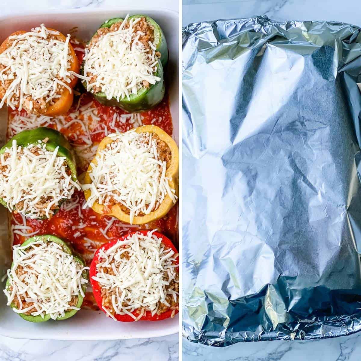 side by side pictures showing how to freeze stuffed peppers in a casserole dish.