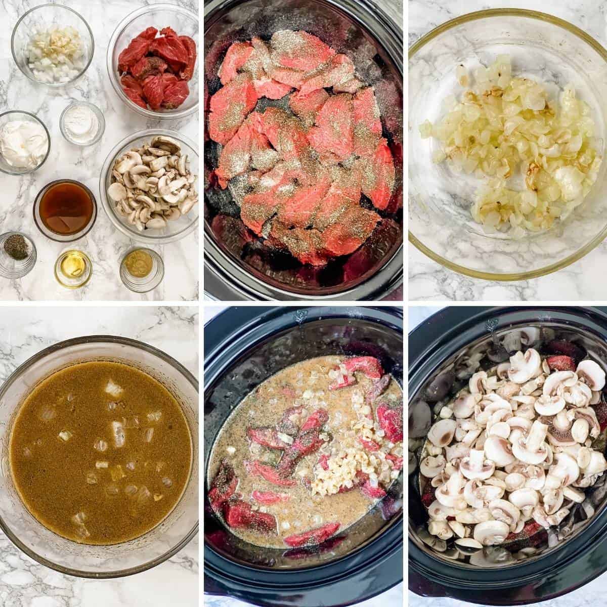 step by step collage showing how to make beef stroganoff in the slow cooker.