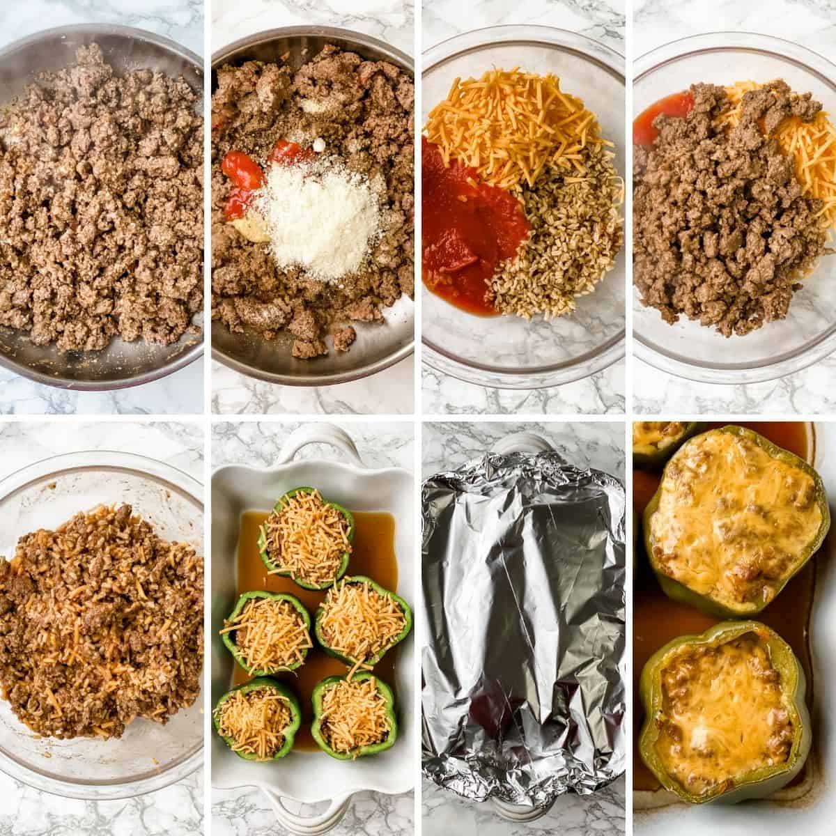 A step by step collage showing how to make cheeseburger stuffed peppers.