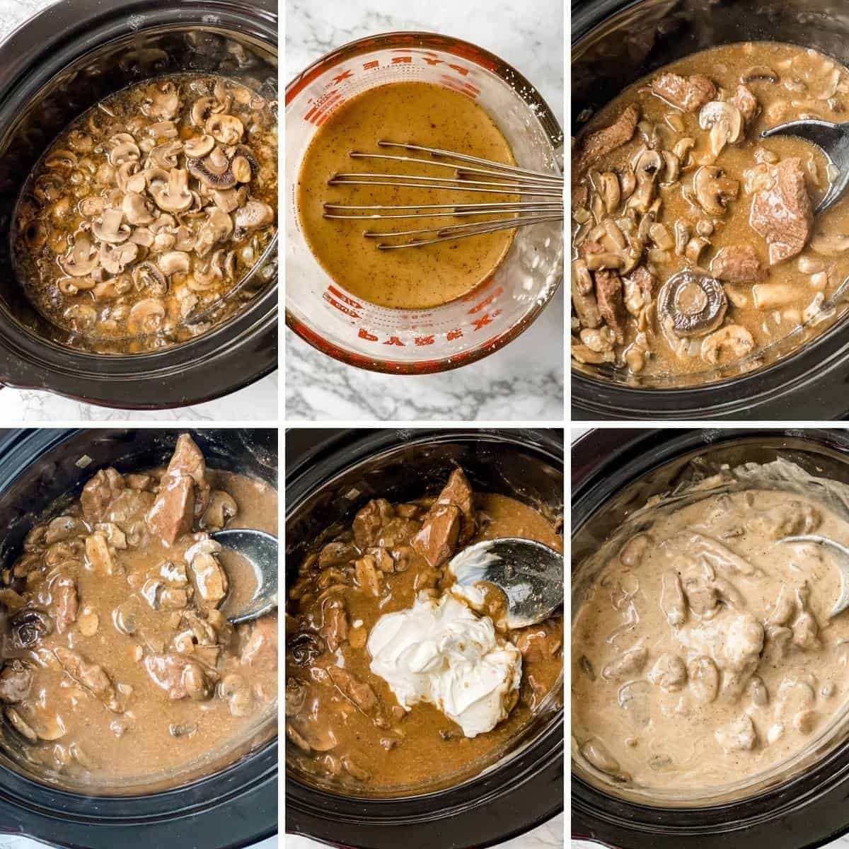 collage showing the last steps for making the beef stroganoff.