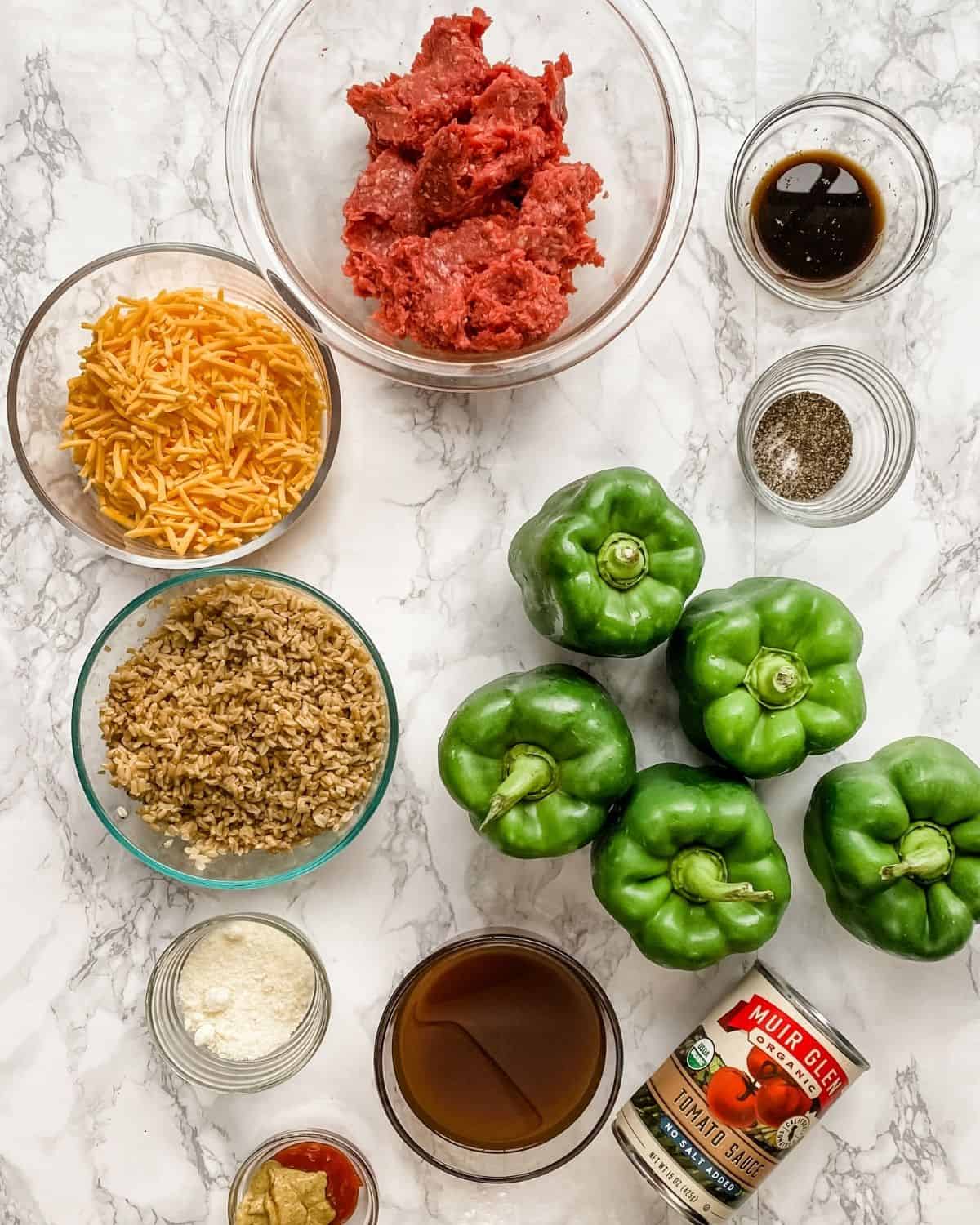 Ingredients for making cheeseburgers stuffed with peppers