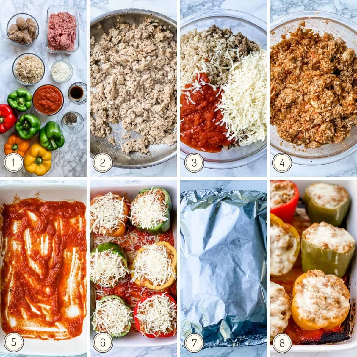 step by step collage showing how to make Italian stuffed peppers.