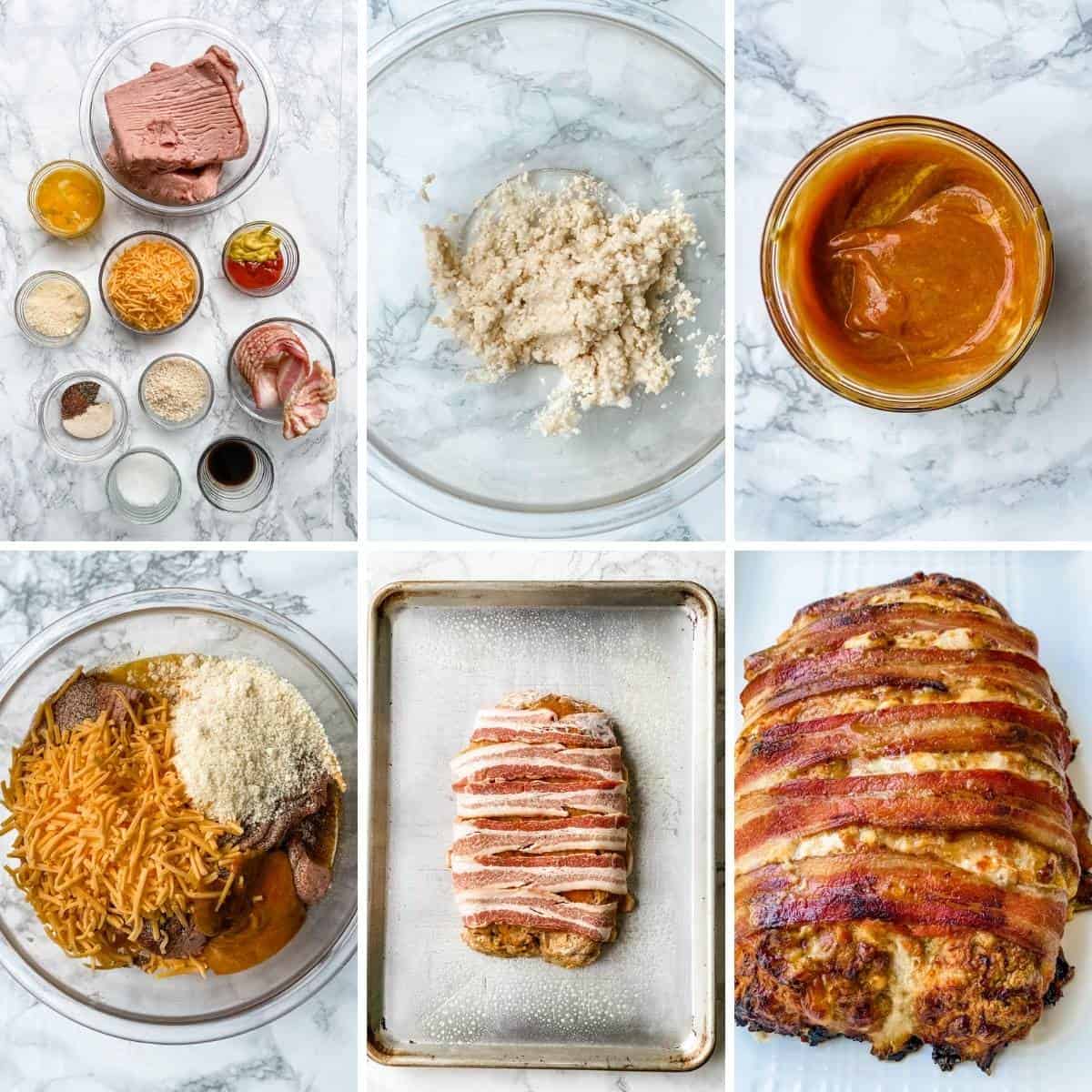 collage showing step by step how to make cheeseburger meatloaf