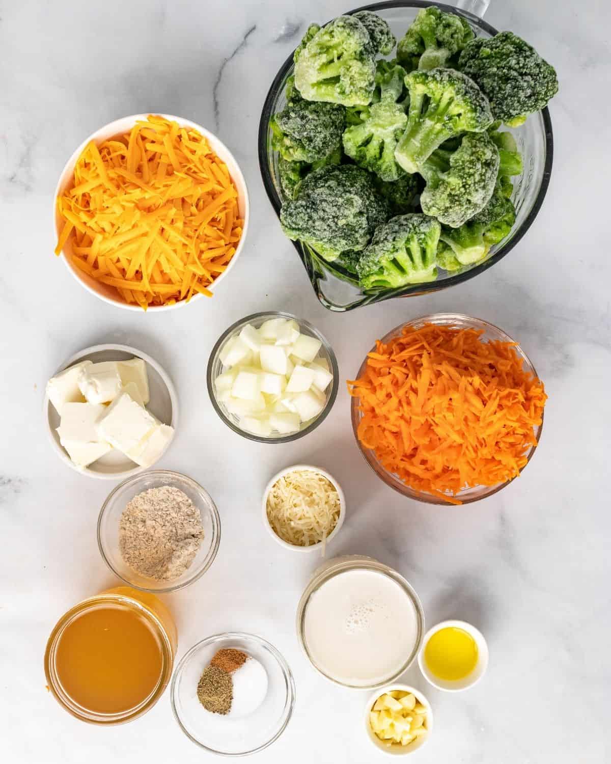 The ingredients to make gluten free broccoli cheddar soup.