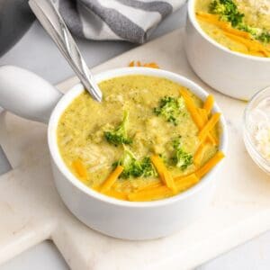 healthy broccoli cheddar soup in a bowl