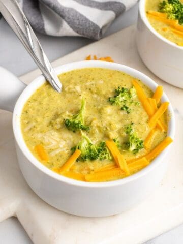 healthy broccoli cheddar soup in a bowl