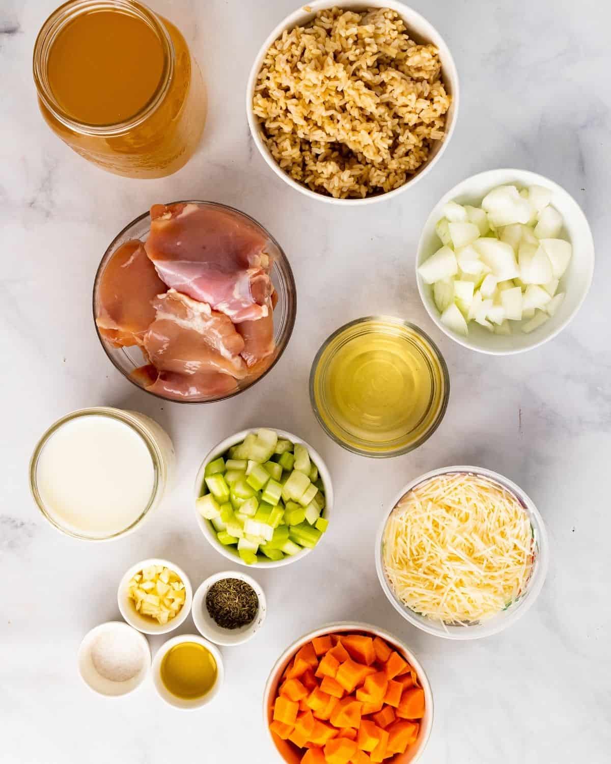 Ingredients to make healthy chicken and rice soup.
