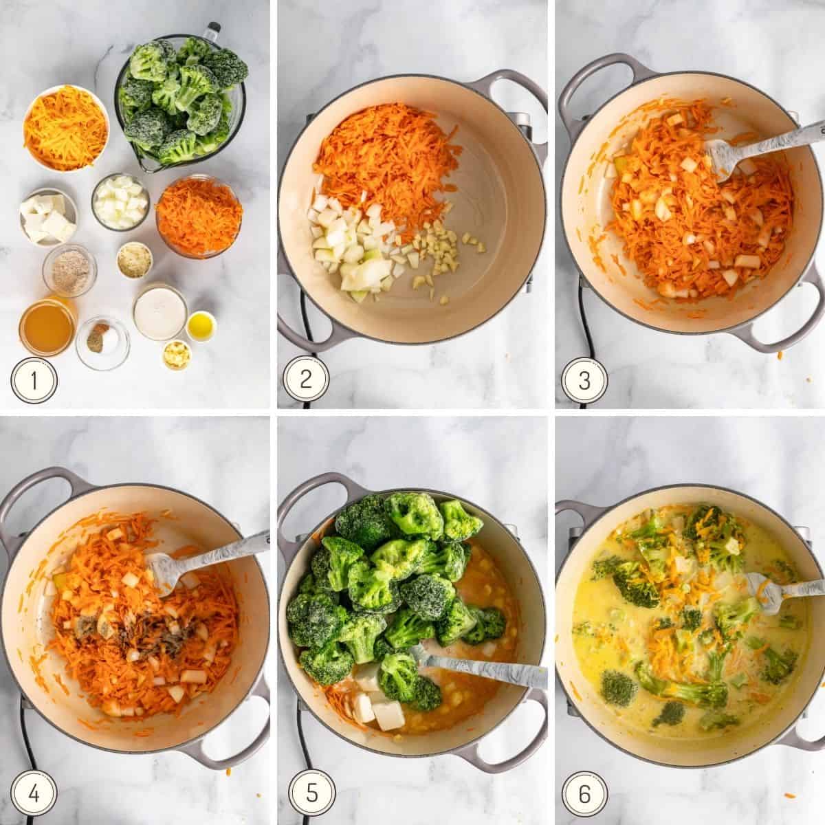 step by step collage showing how to make broccoli cheddar soup.