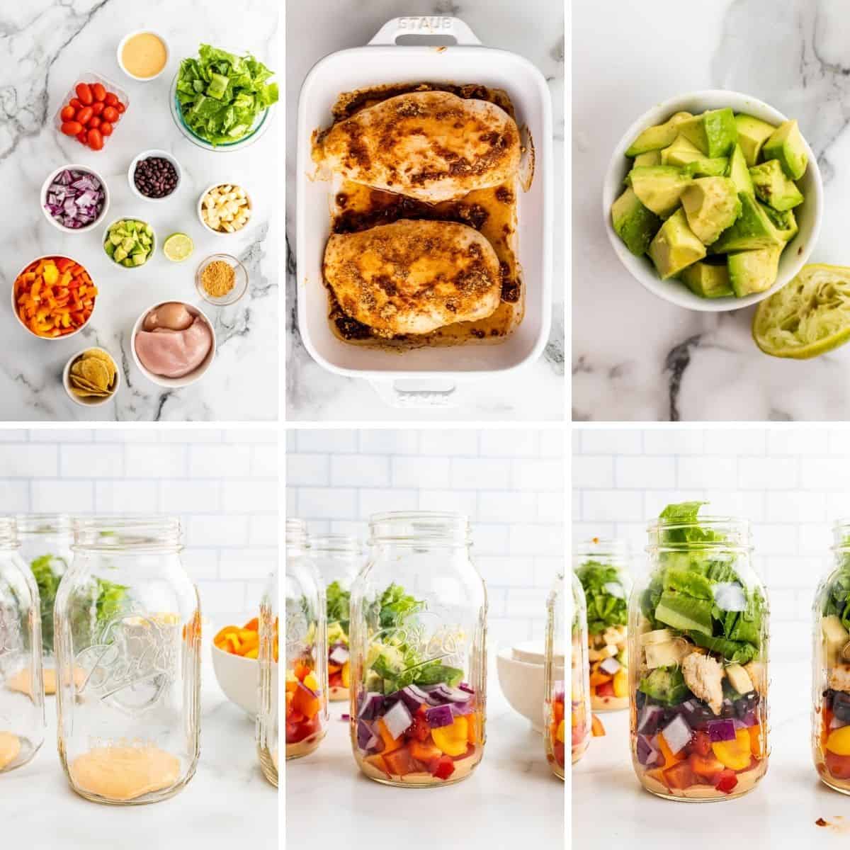collage showing step by step how to make southwest mason jar salads.