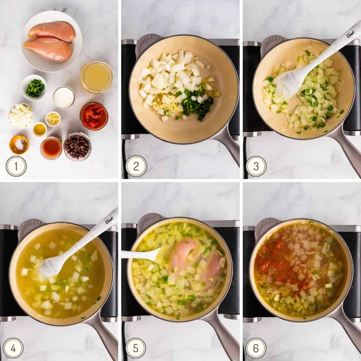 The step-by-step collage shows how to make chicken enchilada soup.