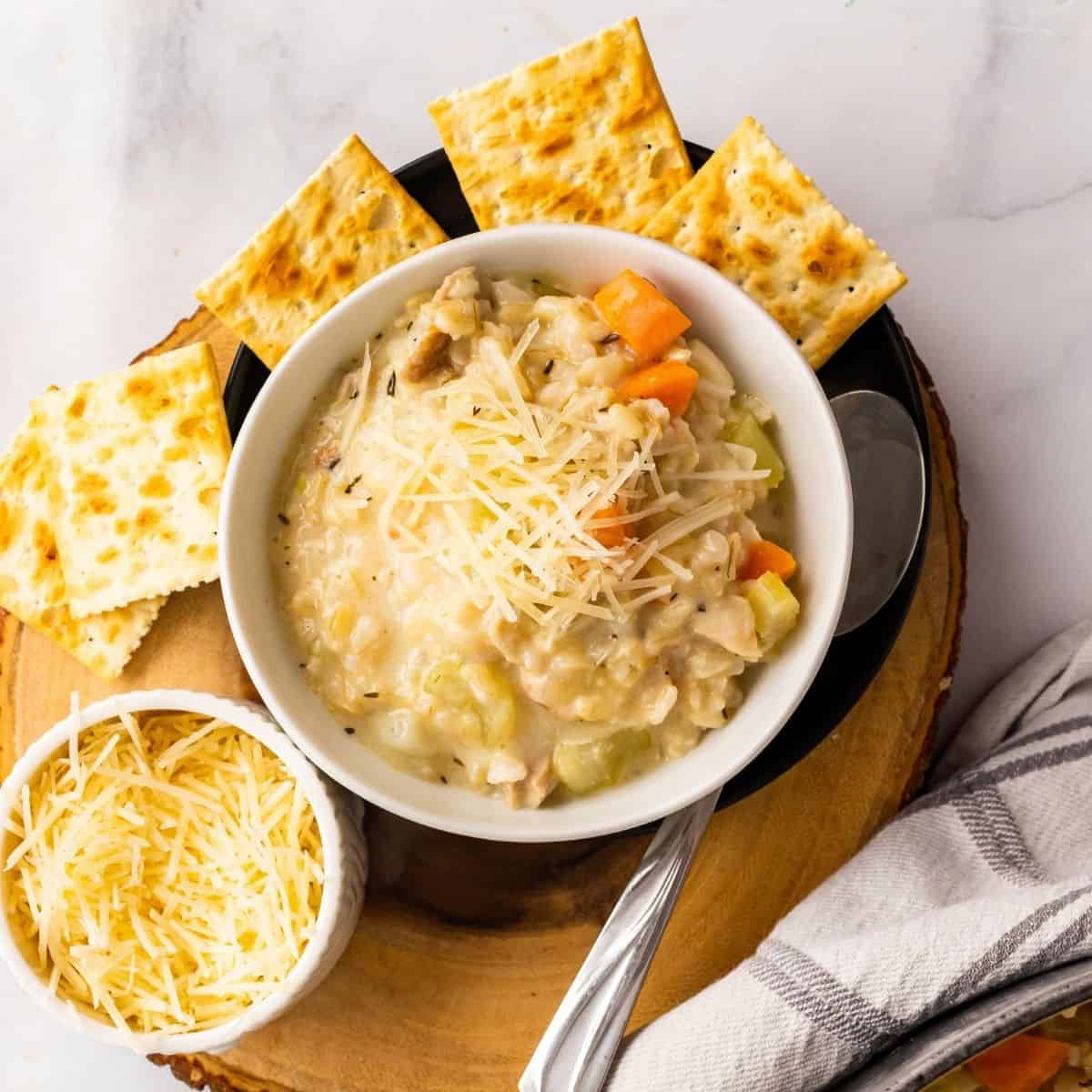 Overhead picture of creamy chicken and rice soup