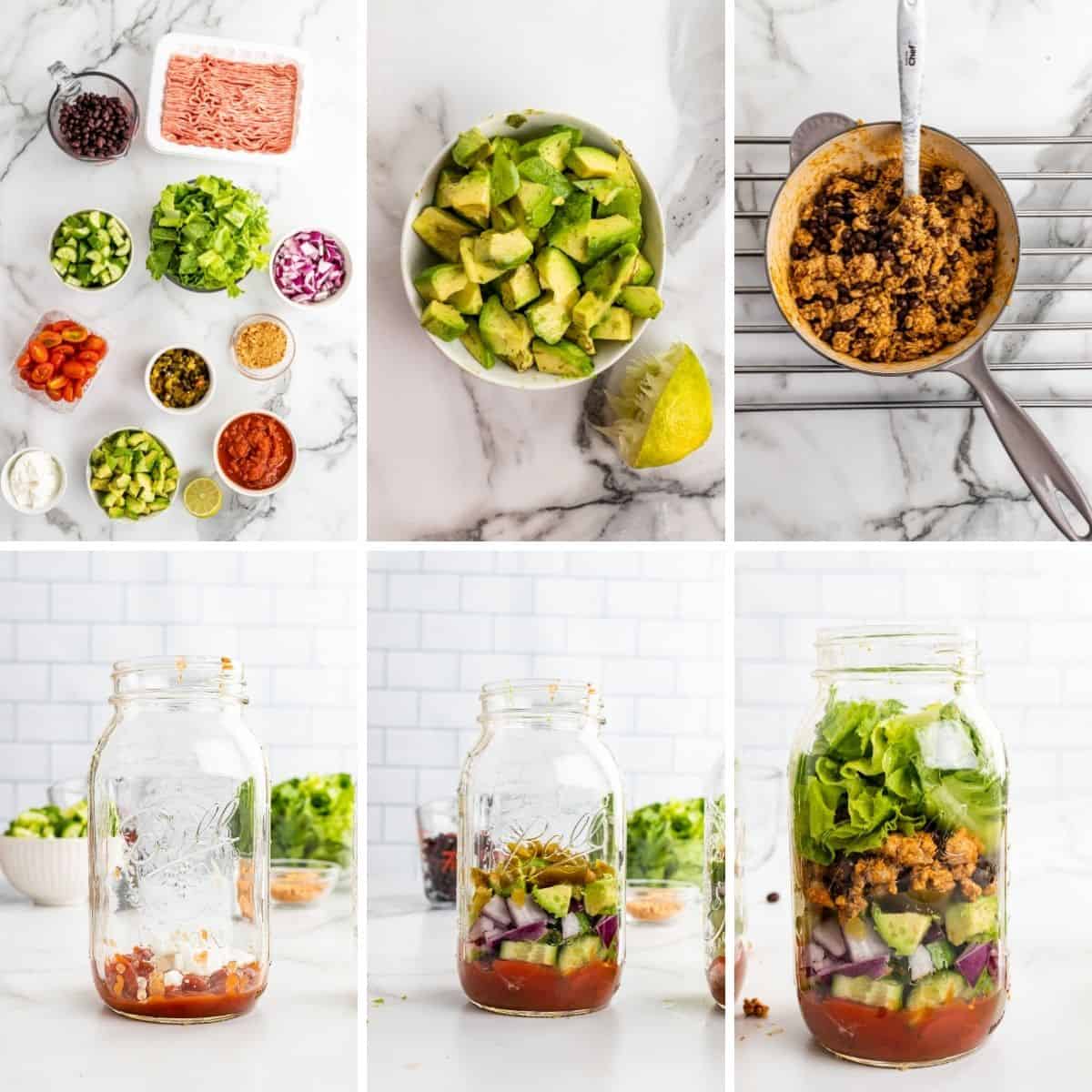 step by step collage showing how to make taco mason jar salad.