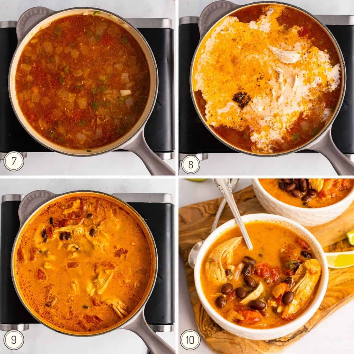 another collage showing how to finish making enchilada soup.