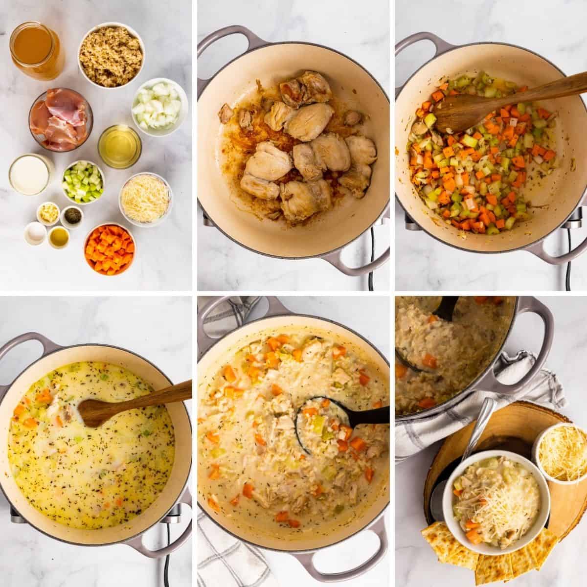 step by step collage showing how to make creamy chicken and rice soup.
