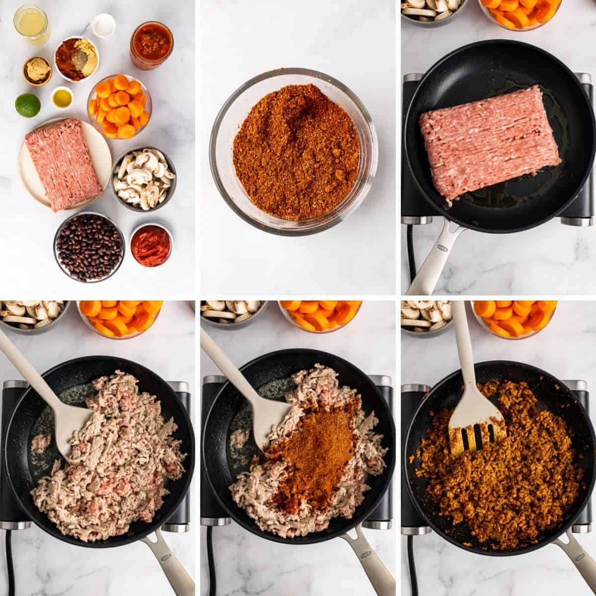 step by step collage showing how to make turkey vegetable chili.