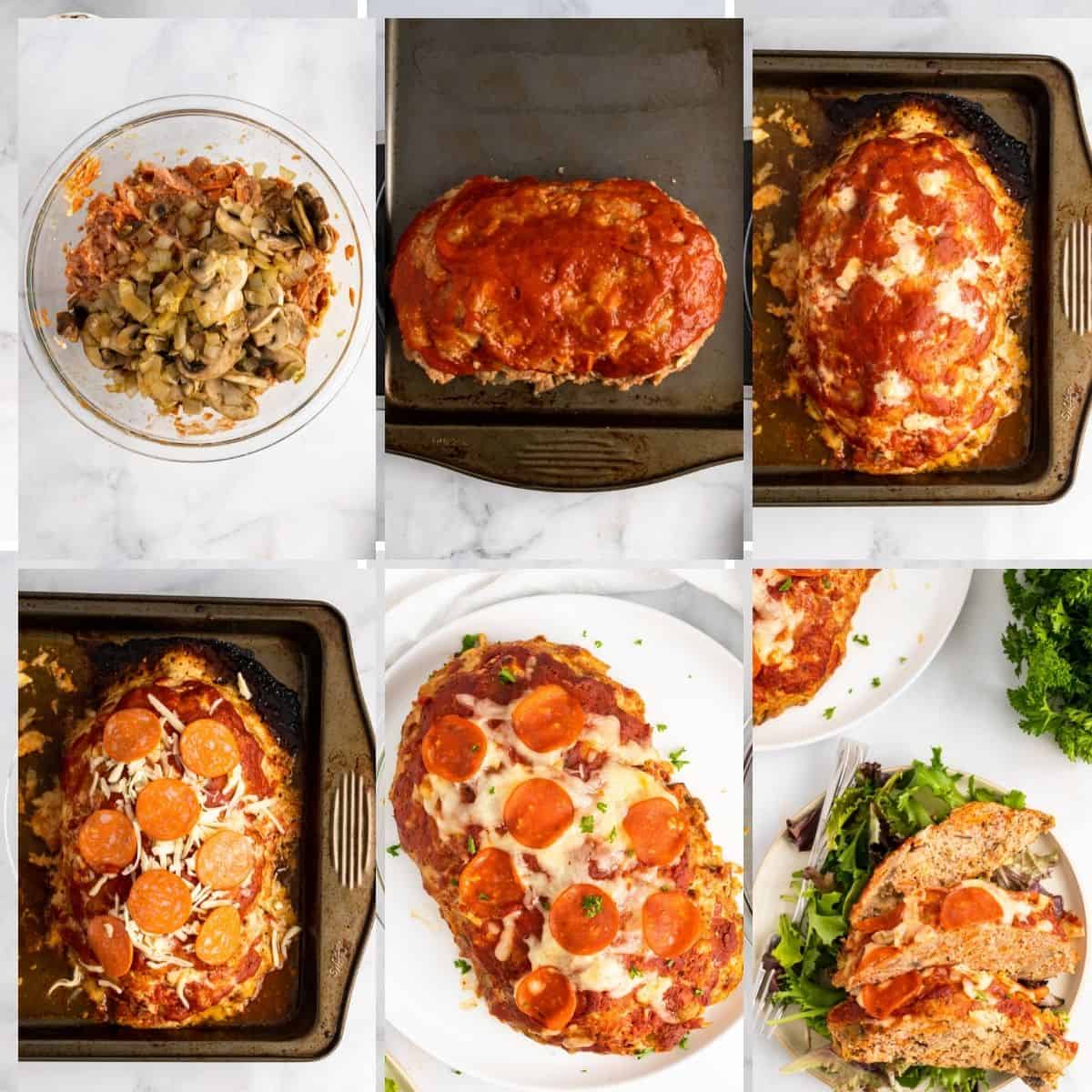 a second collage showing how to finish making pizza meatloaf.