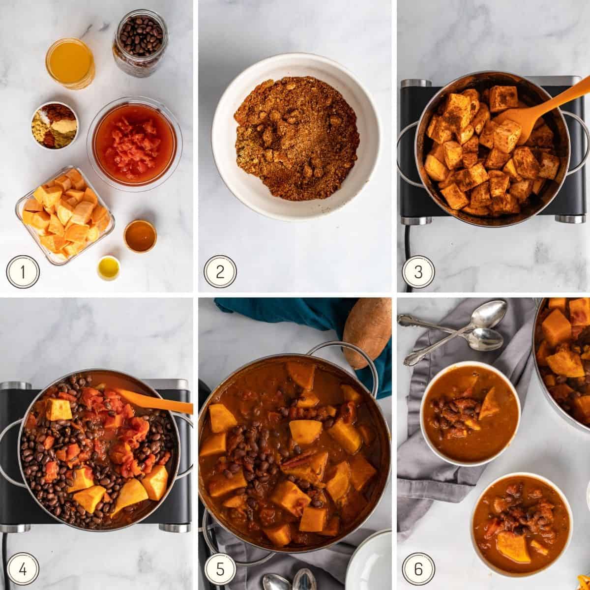 The step-by-step collage shows how to make sweet potato chili with black beans.