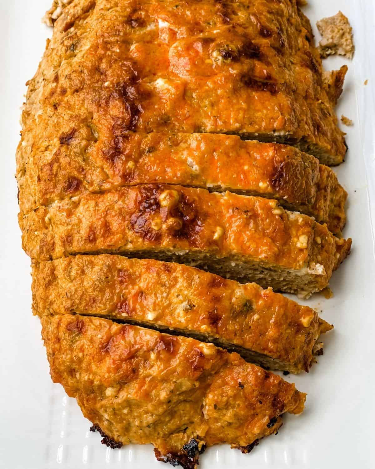 over head picture of the cooked buffalo chicken meatloaf