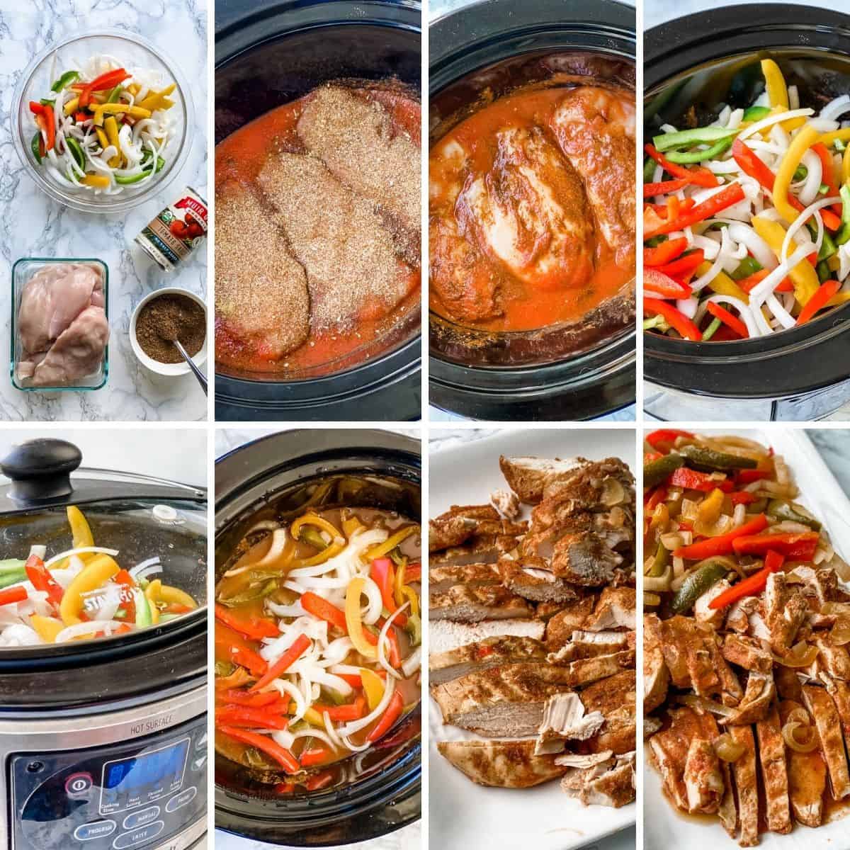 step by step collage showing how to make chicken fajitas in the crockpot.
