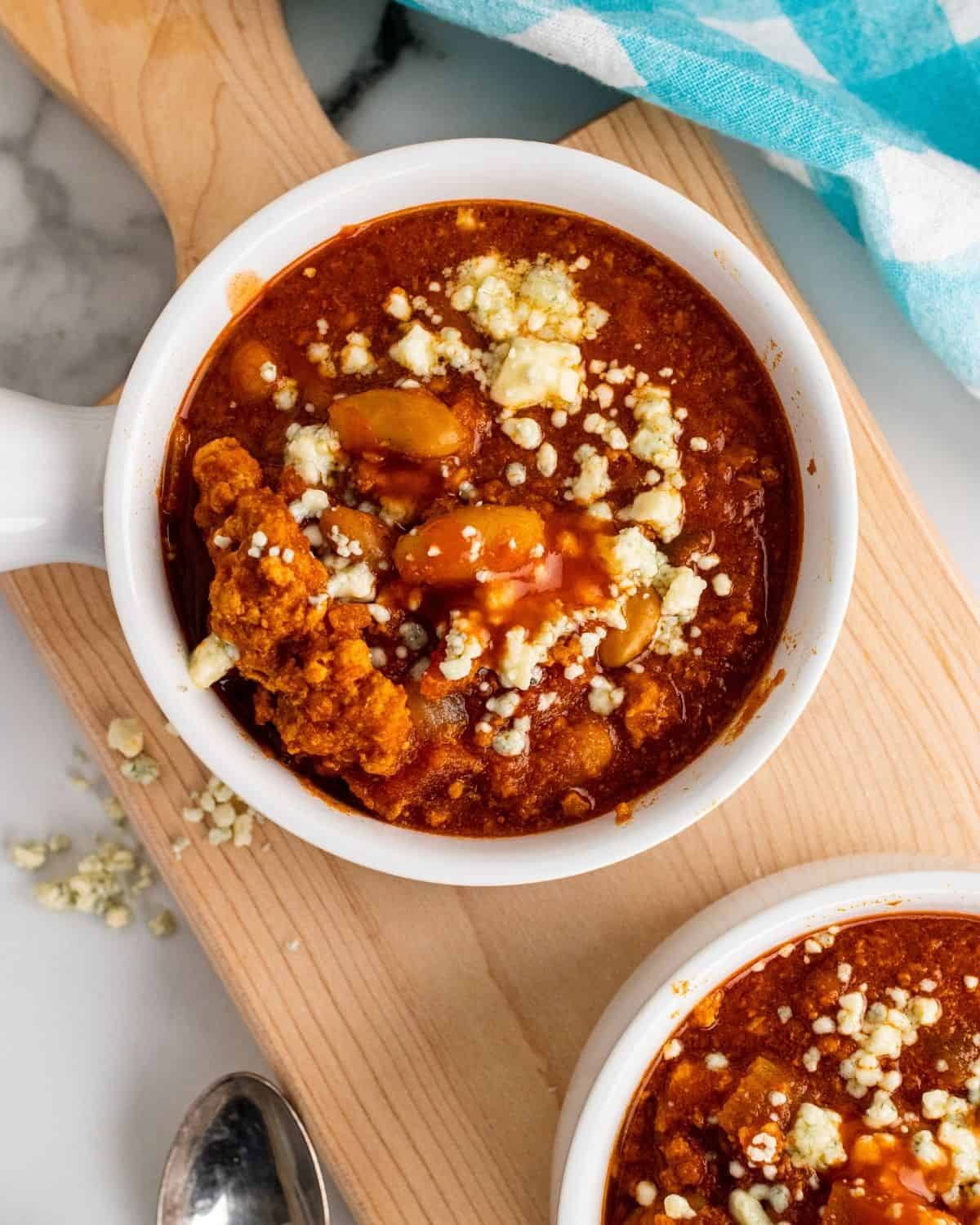 overhead picture of buffalo chicken chili in two bowls