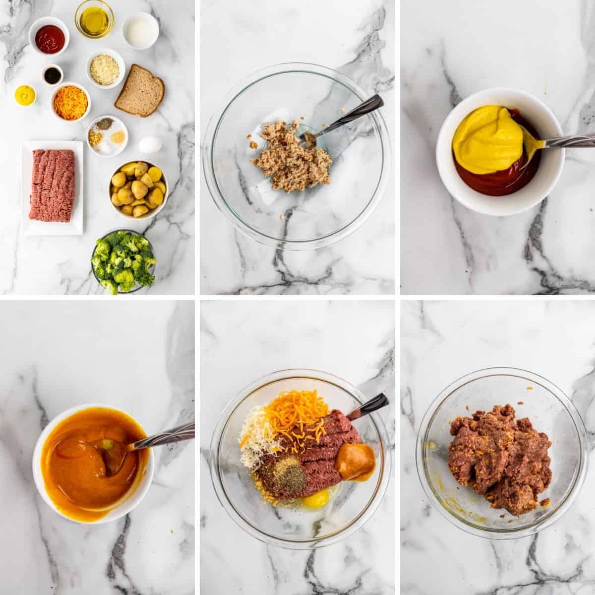 step by step collage showing how to make mini meatloaf and veggies.