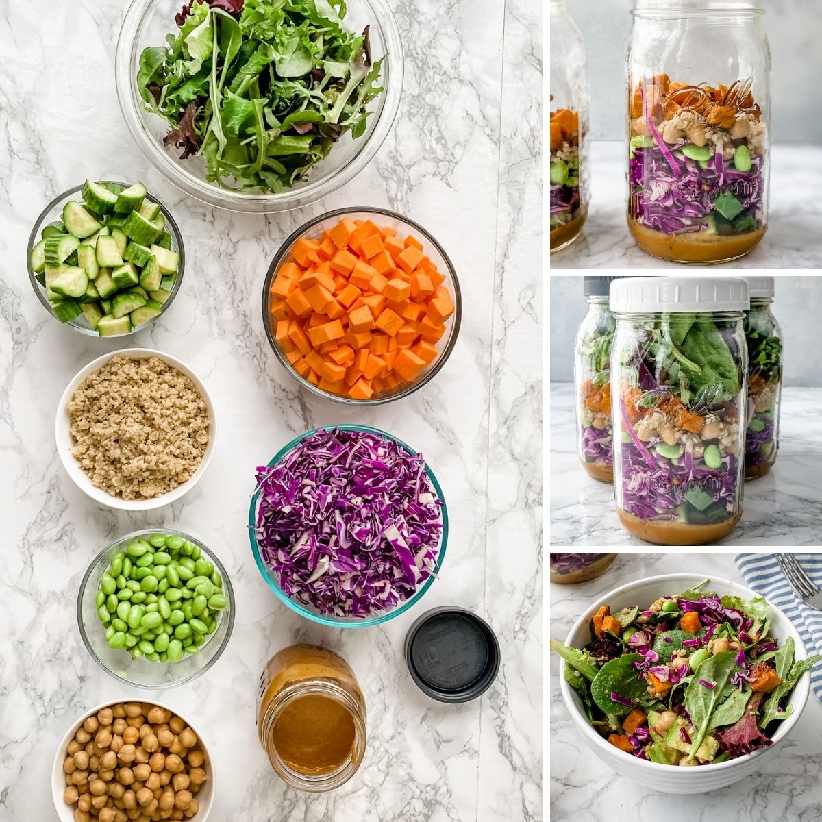 A step-by-step collage showing how to make a spicy Thai salad.