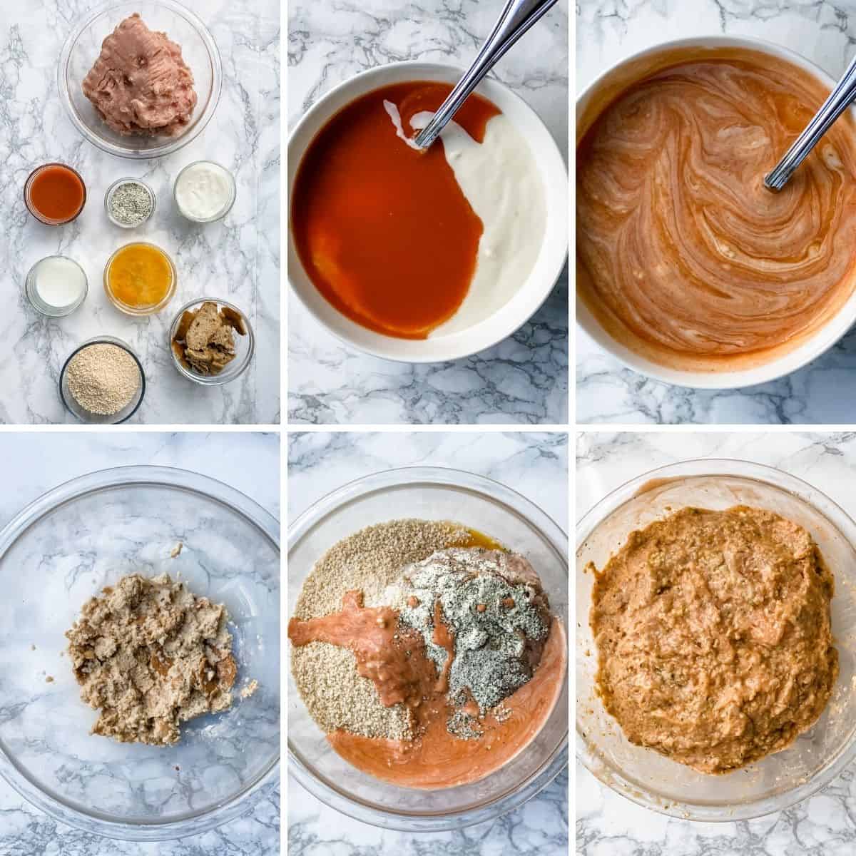 A step-by-step collage showing how to make a buffalo chicken taco.
