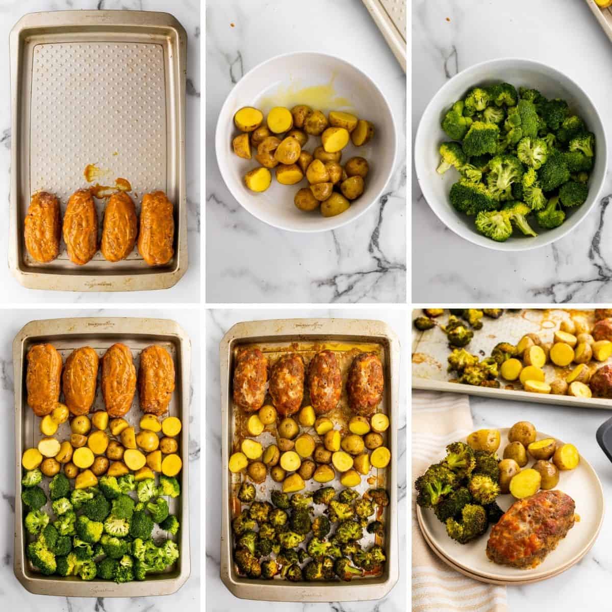 collage showing the last steps for making mini meatloaf and veggies