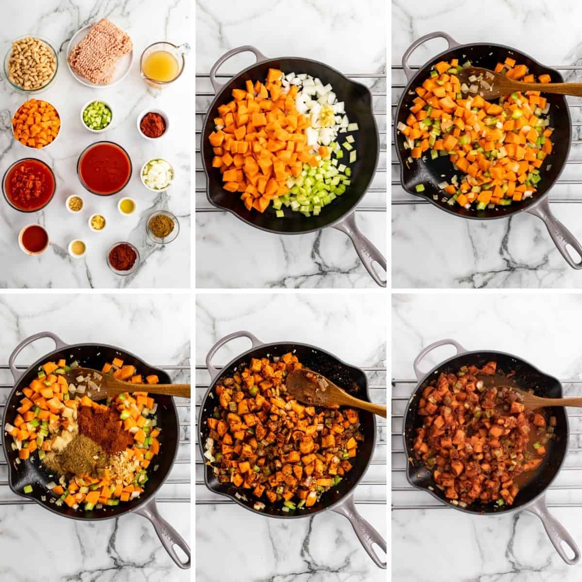 A step-by-step collage showing how to make Buffalo Chicken Chili