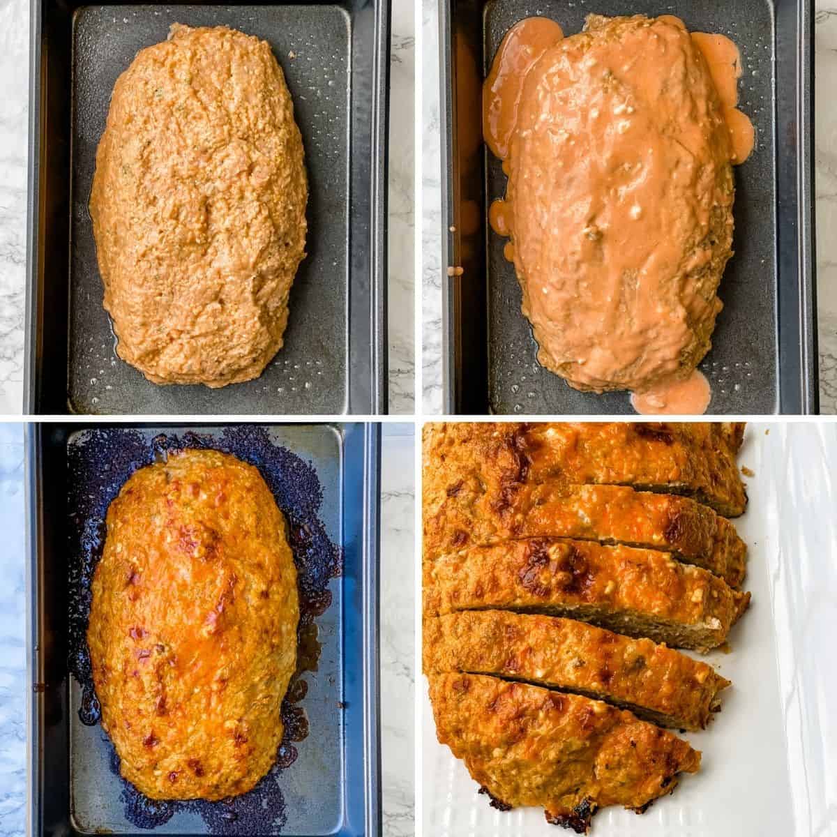 another collage showing the last steps for making buffalo chicken meatloaf.