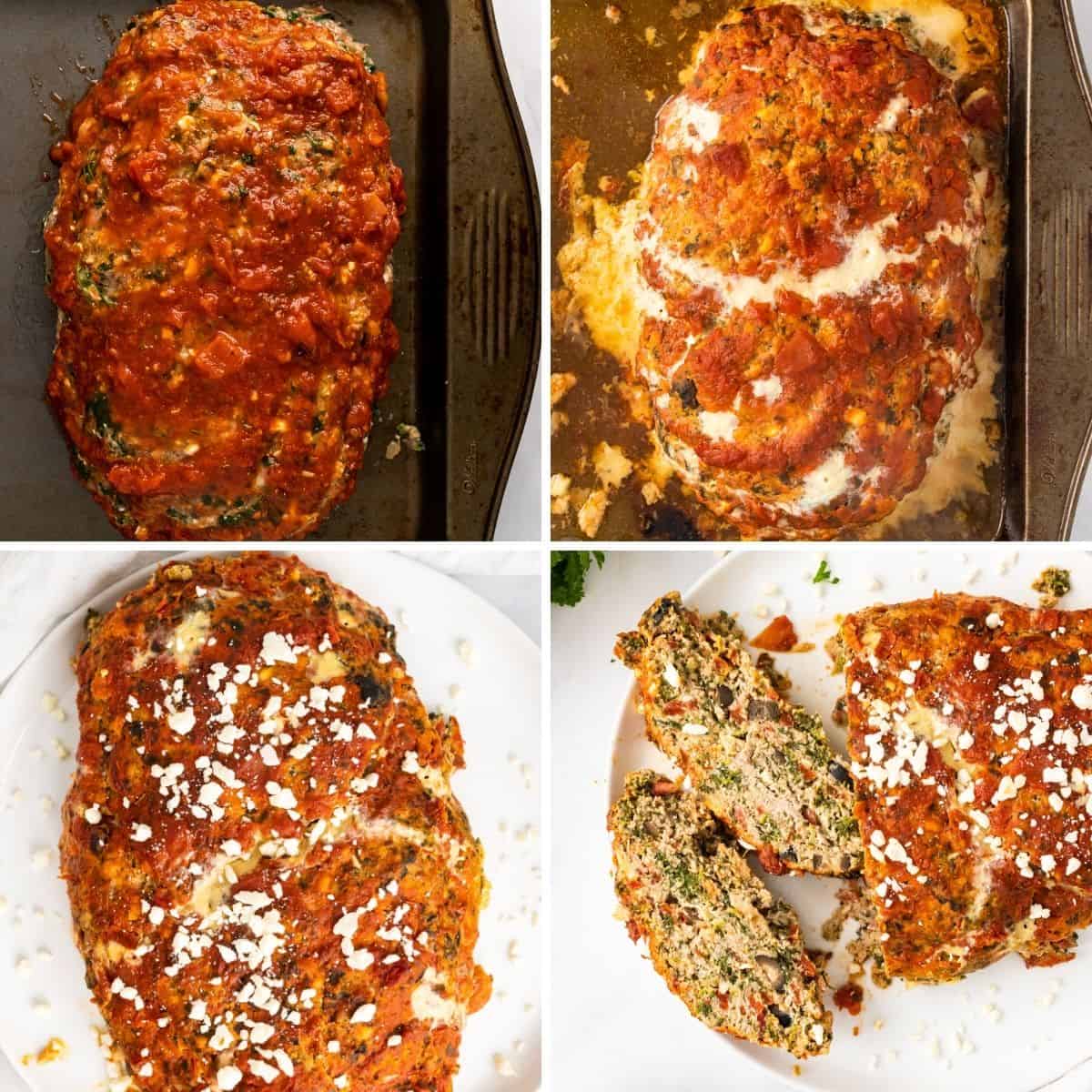 The collage shows the final steps in making Greek meatloaf.