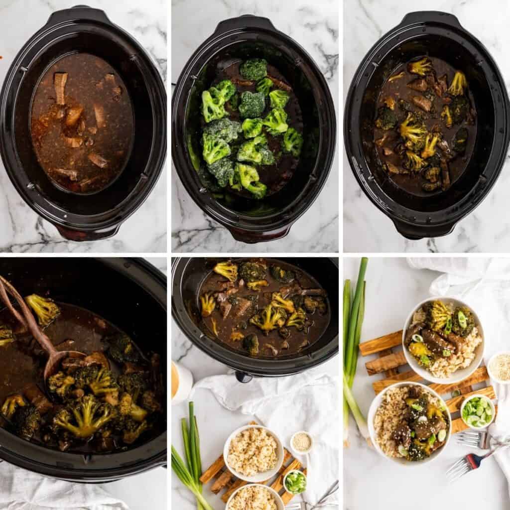 step by step collage showing how to finish cooking the crockpot beef broccoli.