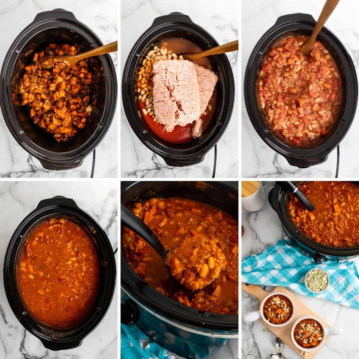 step by step collage showing the last steps for making buffalo chicken chili