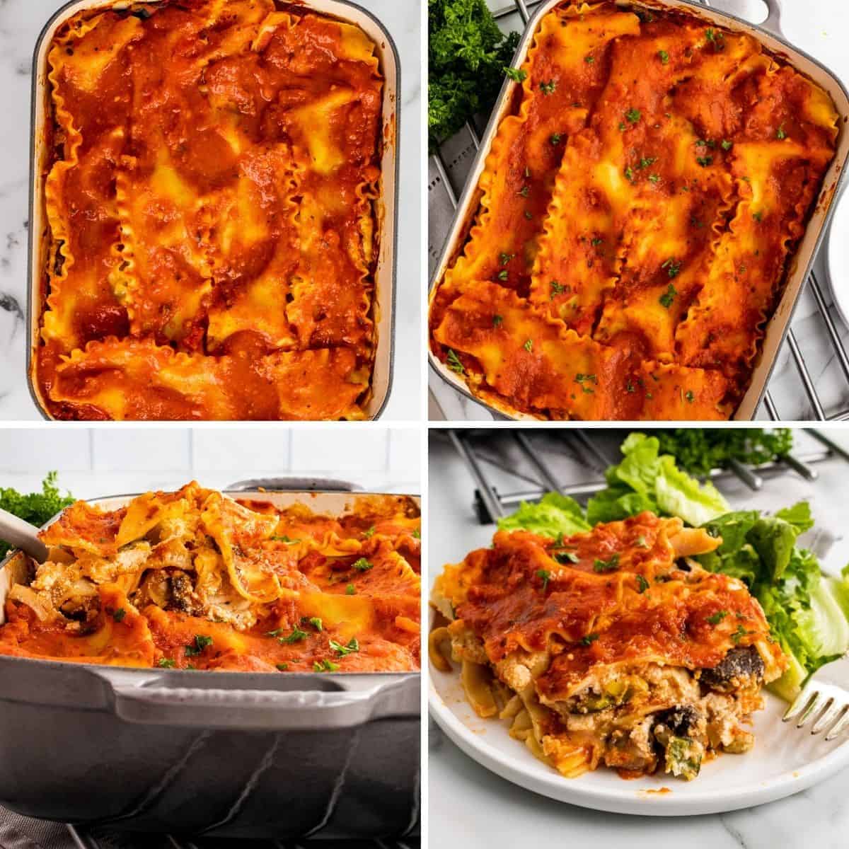 The last steps in a collage showing how to finish making vegetable lasagna.