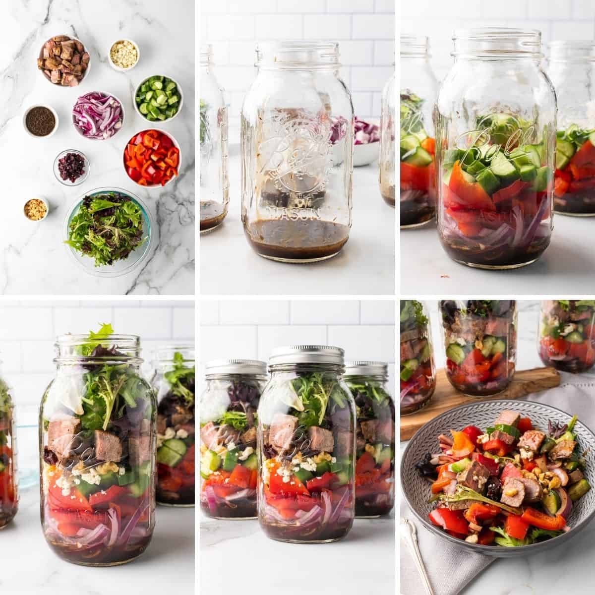 step by step collage showing how to make steak salad in a jar recipe.