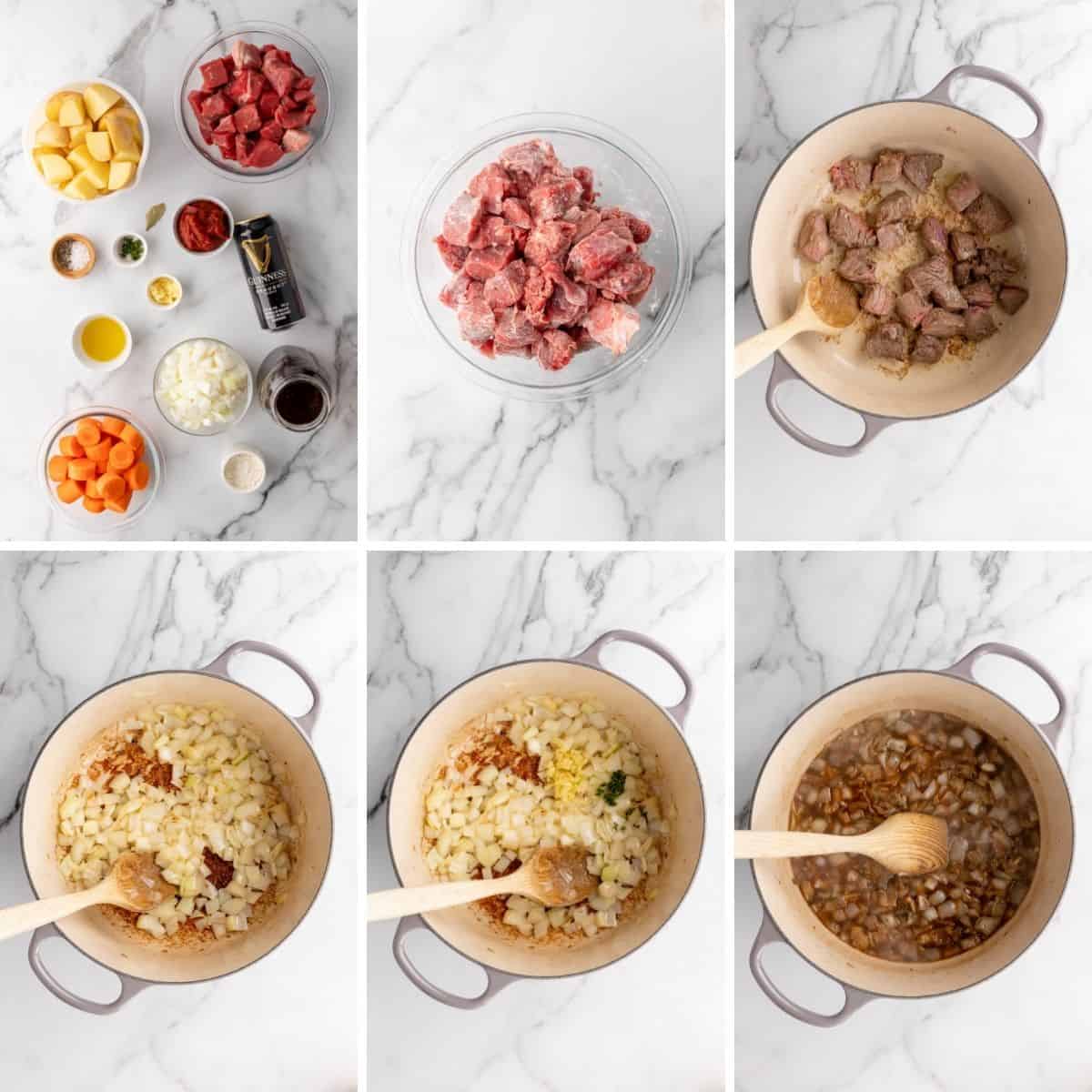 first collage showing the beginning steps to making Guinness Stew.
