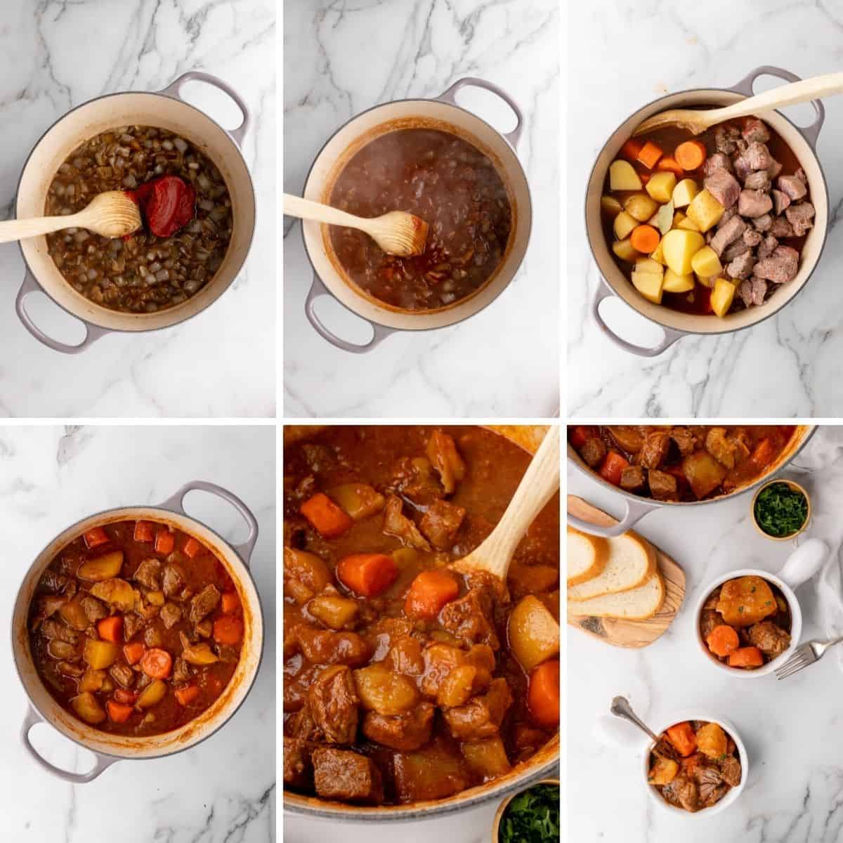 the final steps to making Guinness Stew in a collage.