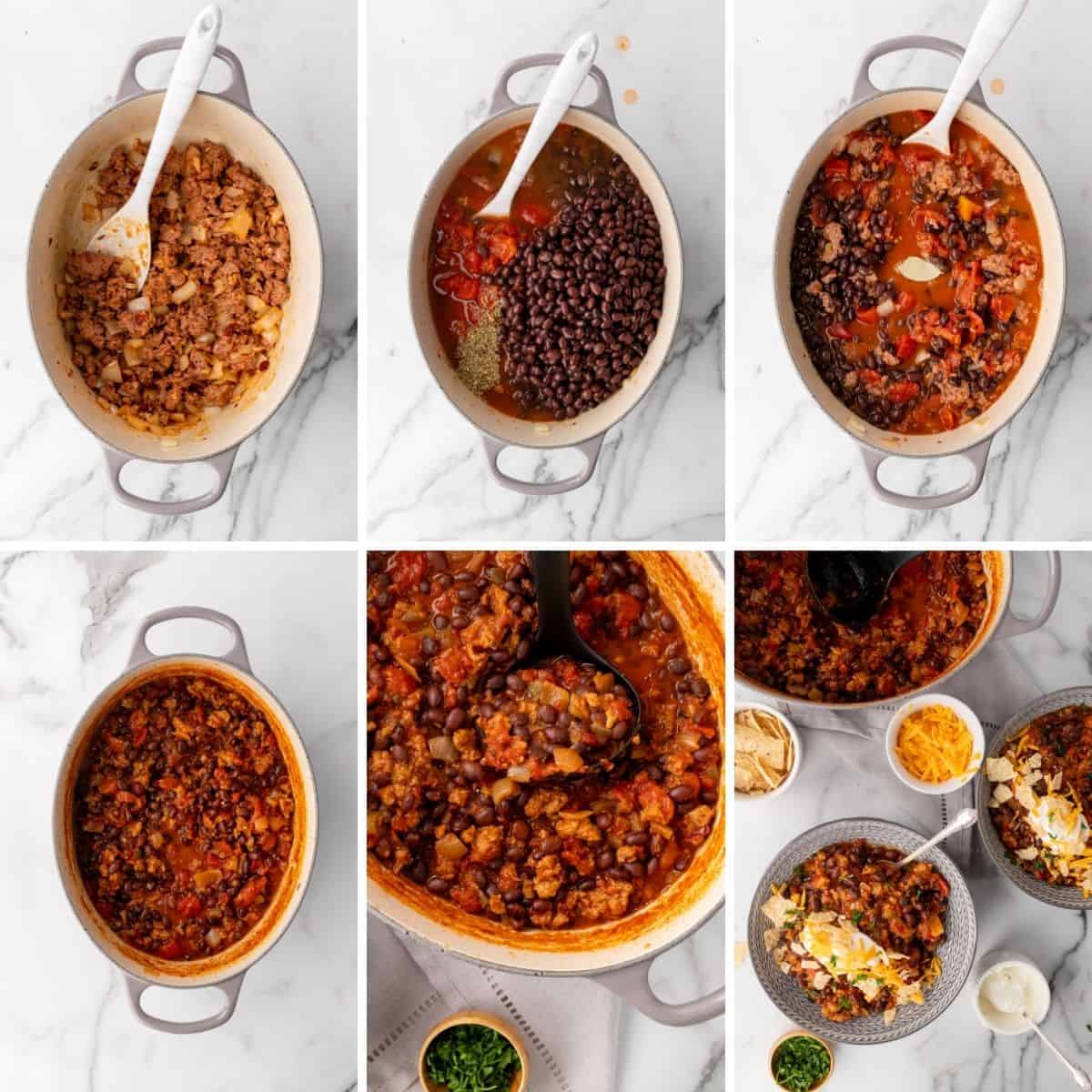 the last six steps to making vegetarian chili shown in a collage.